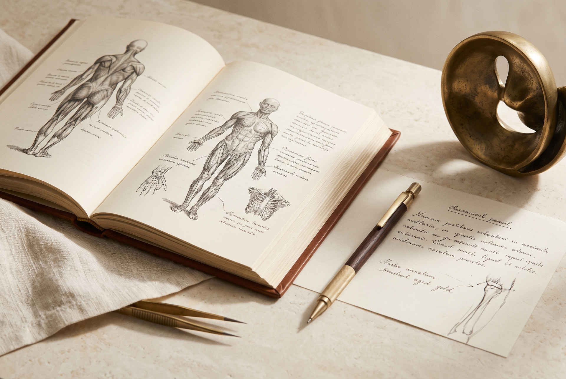 Livro de anatomia aberto com ilustrações anatômicas, compasso e caneta sobre linho claro